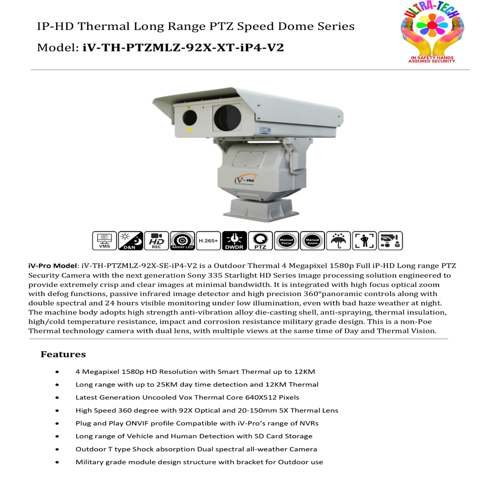 LONG RANGE MILITARY GRADE THERMAL PTZ CAMERA DAY 25KM - NIGHT 12KM - -  iV-TH-PTZMLZ-92X-XT-iP4-V2