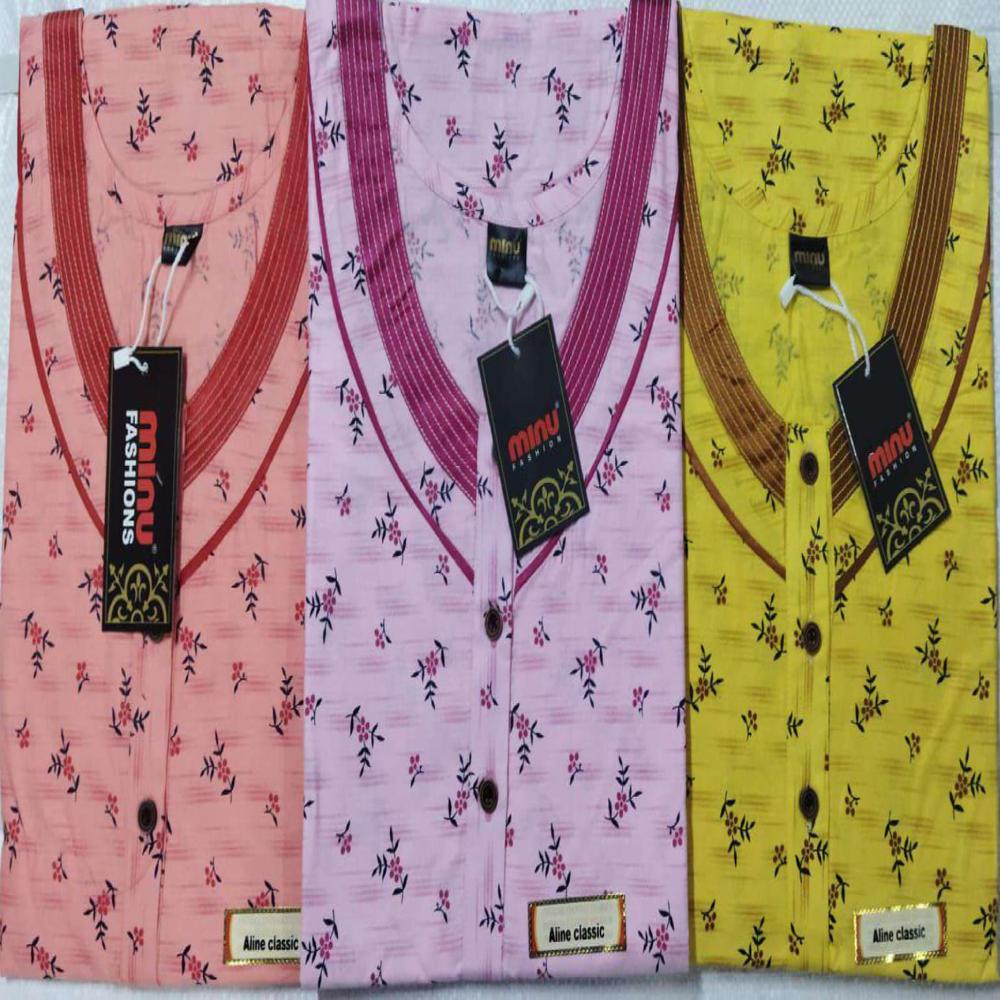 Printed Cotton A Line Classic Nighty, Half Sleeve