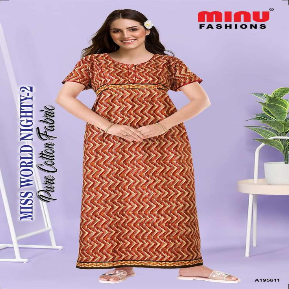 Red Solid Miss World Pure Cotton Nighty - Color: All Color Available
