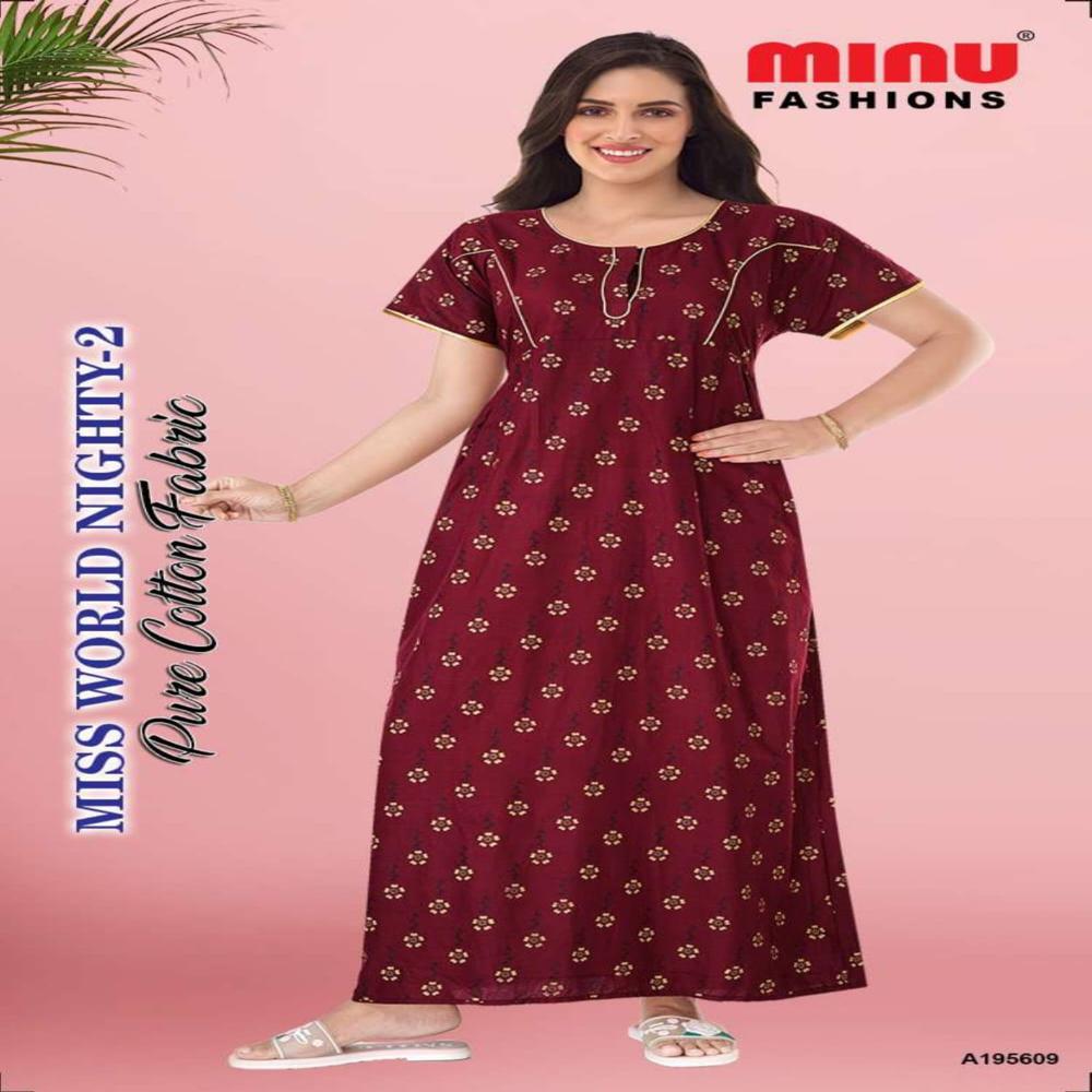 Red Solid Miss World Pure Cotton Nighty - Color: All Color Available