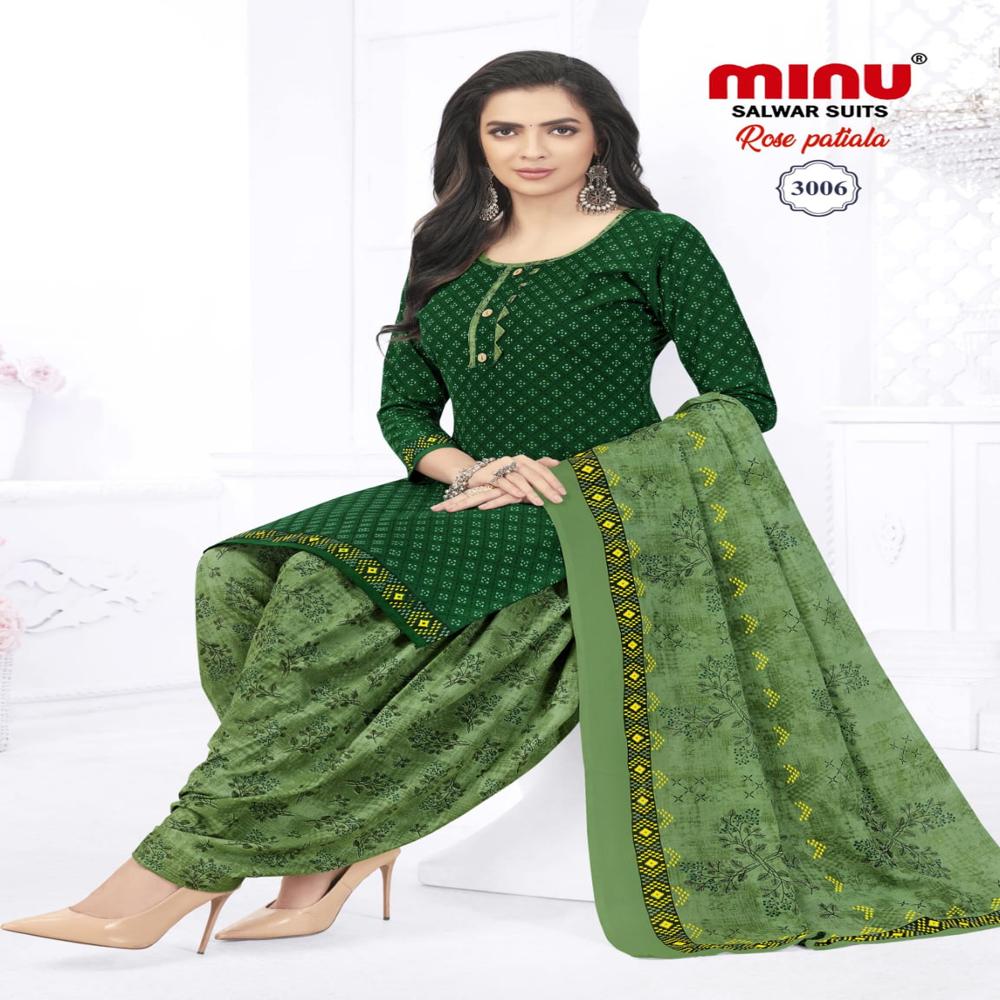 Cotton A Line Printed Rose Patiala Salwar Suit - Color: All Color