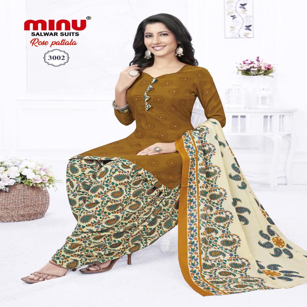 Cotton A Line Printed Rose Patiala Salwar Suit - Color: All Color