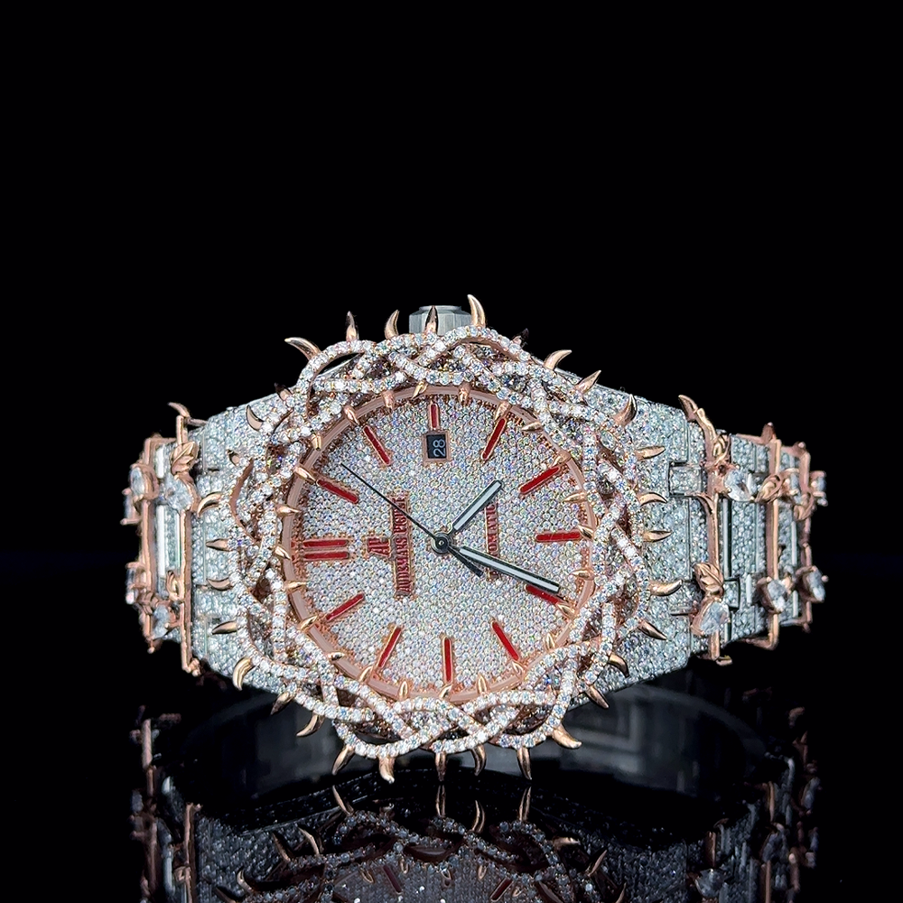 Fully Iced Out Thorn Crown Custom Design Men's Hip Hop Two Tone Stainless Steel Moissanite Diamond Quartz Watch for Business