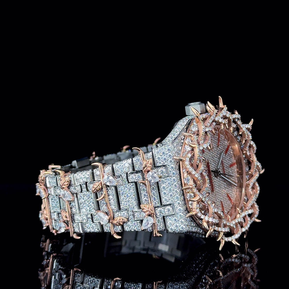 Fully Iced Out Thorn Crown Custom Design Men's Hip Hop Two Tone Stainless Steel Moissanite Diamond Quartz Watch for Business