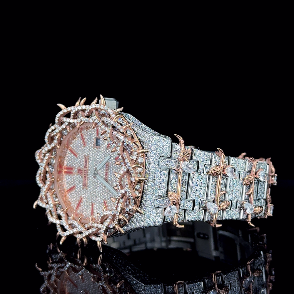 Fully Iced Out Thorn Crown Custom Design Men's Hip Hop Two Tone Stainless Steel Moissanite Diamond Quartz Watch for Business