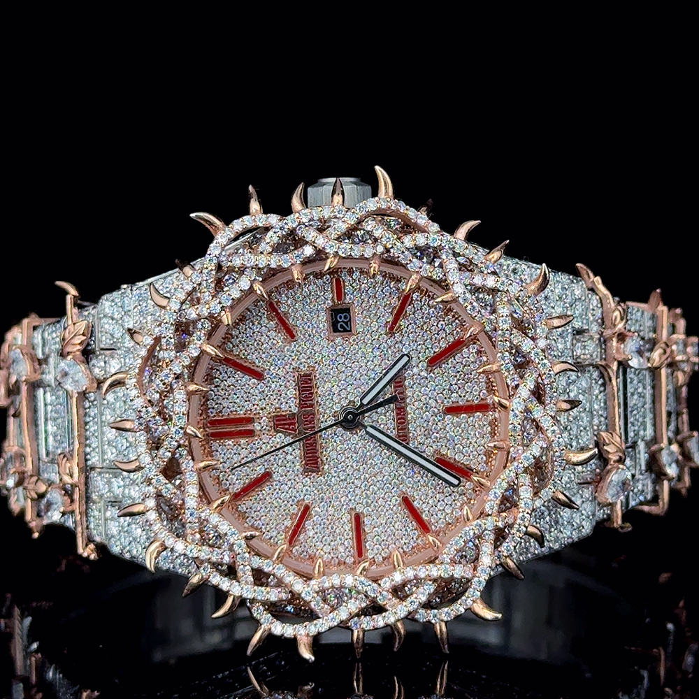 Fully Iced Out Thorn Crown Custom Design Men's Hip Hop Two Tone Stainless Steel Moissanite Diamond Quartz Watch for Business