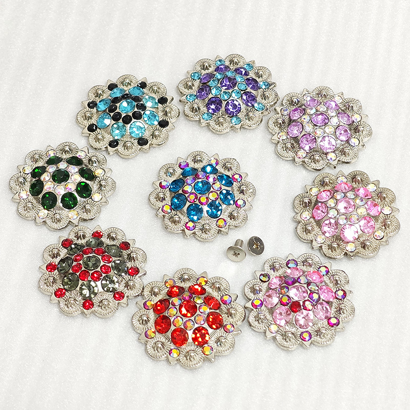 Western Vintage Colorful Berry Conchos Metal Flower Shape Rhinestone Conchos With Screwback For Belt Saddle - Hardness: Strong