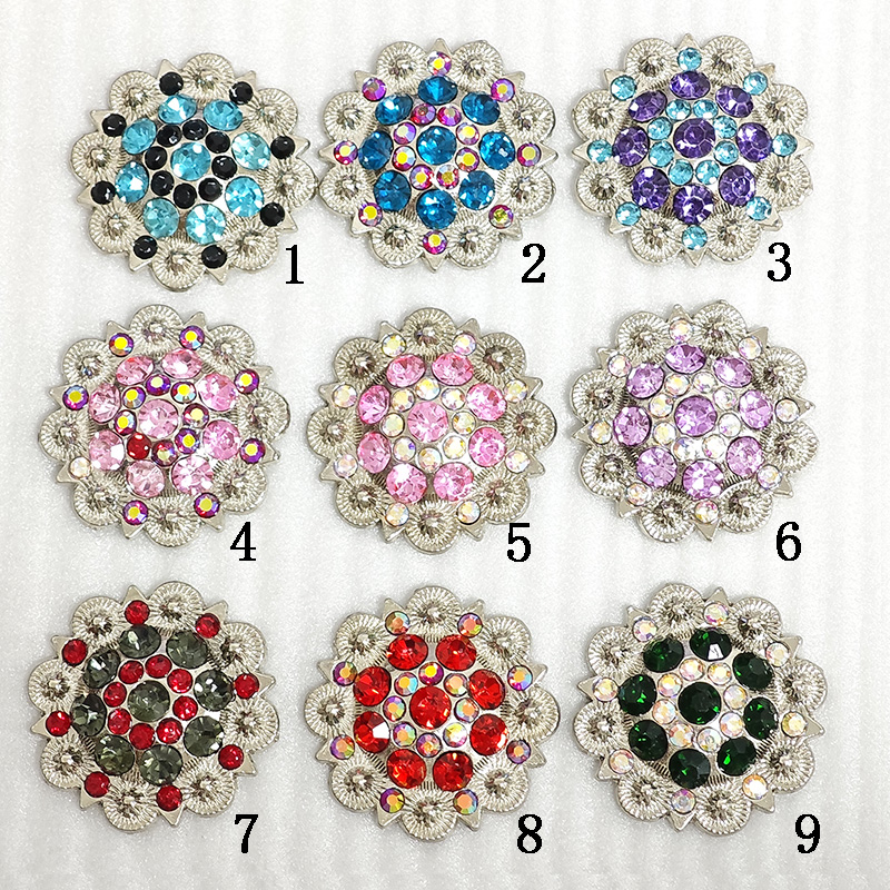 Western Vintage Colorful Berry Conchos Metal Flower Shape Rhinestone Conchos with Screwback for Belt Saddle