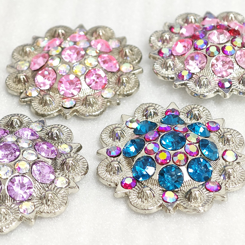 Western Vintage Colorful Berry Conchos Metal Flower Shape Rhinestone Conchos with Screwback for Belt Saddle