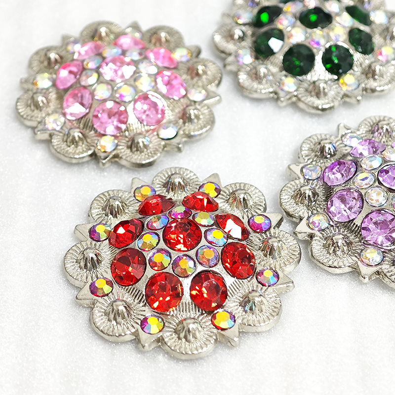Western Vintage Colorful Berry Conchos Metal Flower Shape Rhinestone Conchos with Screwback for Belt Saddle
