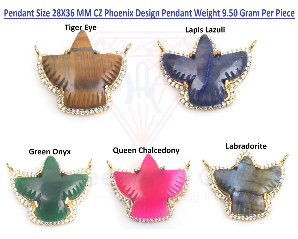 Natural Gemstone Brass With Gold Plated Phoenix Design Pendant