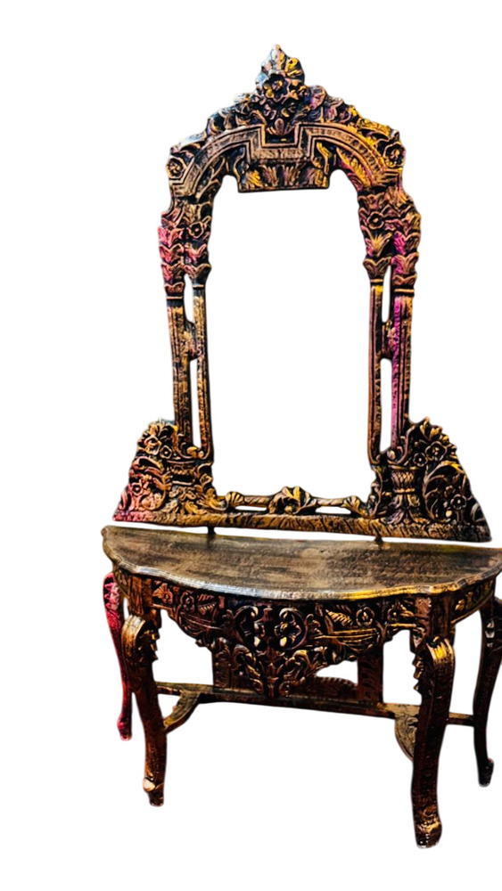 Carved Wooden Console Table With Mirror - Color: Golden Brown