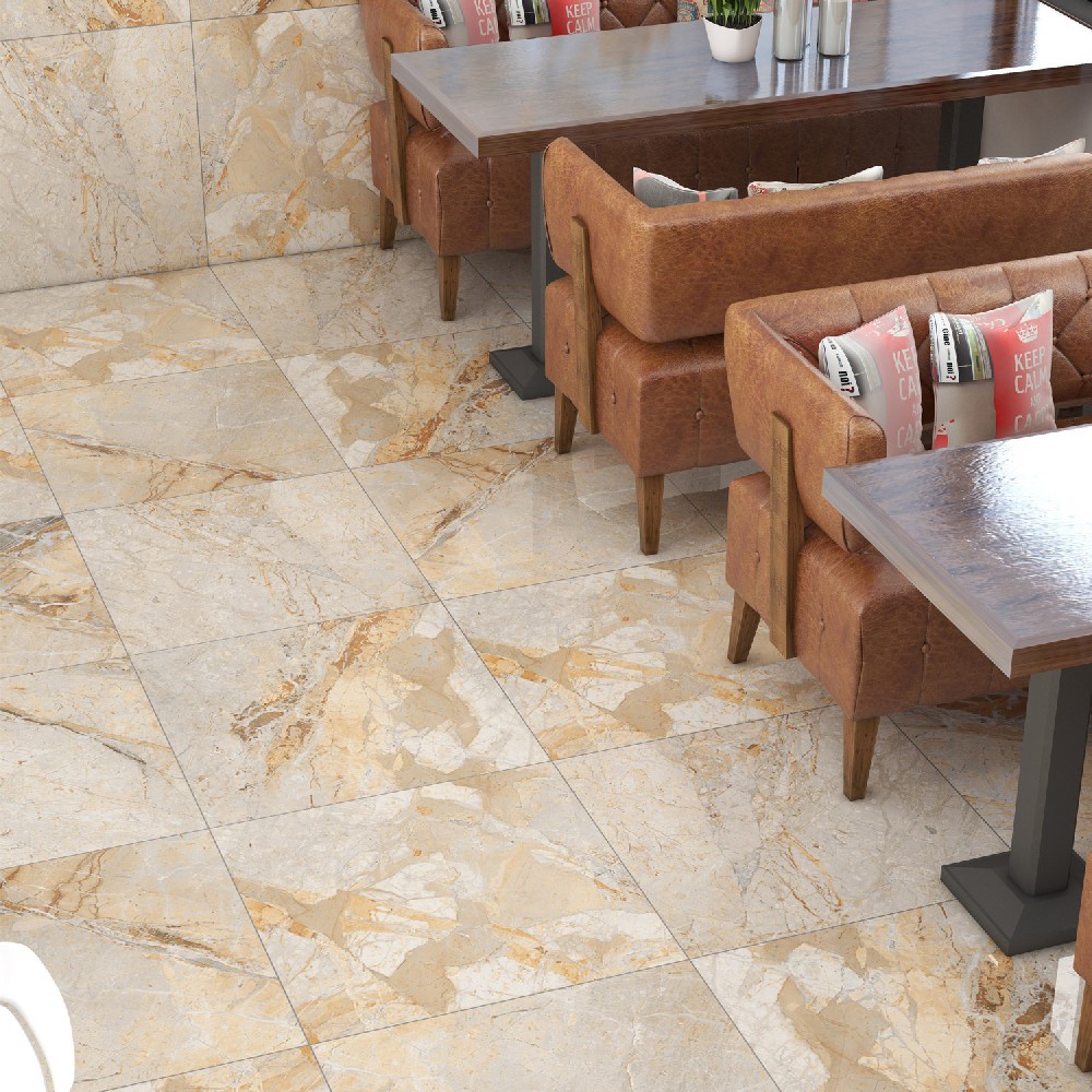 Marbo Natural Glossy Porcelain Floor Tiles In 60X60Cm With Elegant Design - Color: Cream