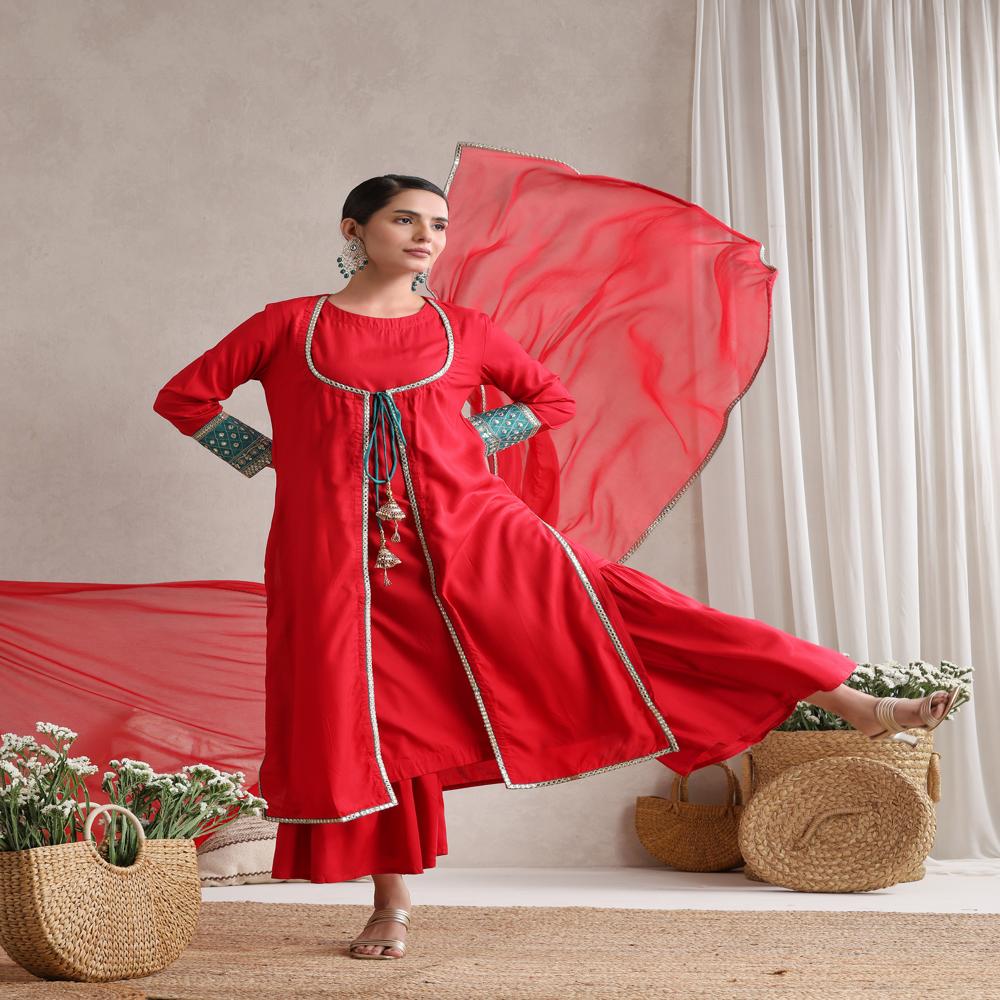 Geometric Embroidered Mirror Work A-Line Red Kurta With Sharara & Dupatta - Material: Rayon