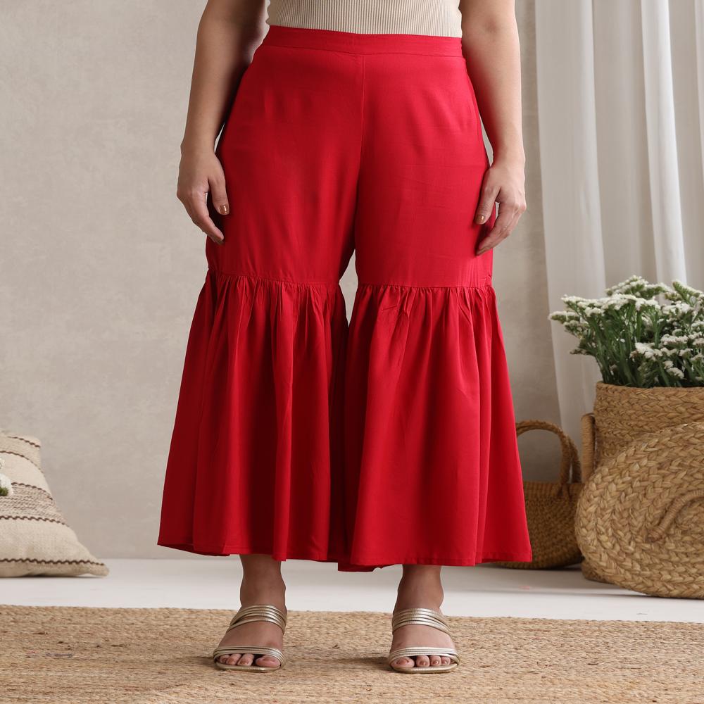 Geometric Embroidered Mirror Work A-Line Red Kurta With Sharara & Dupatta