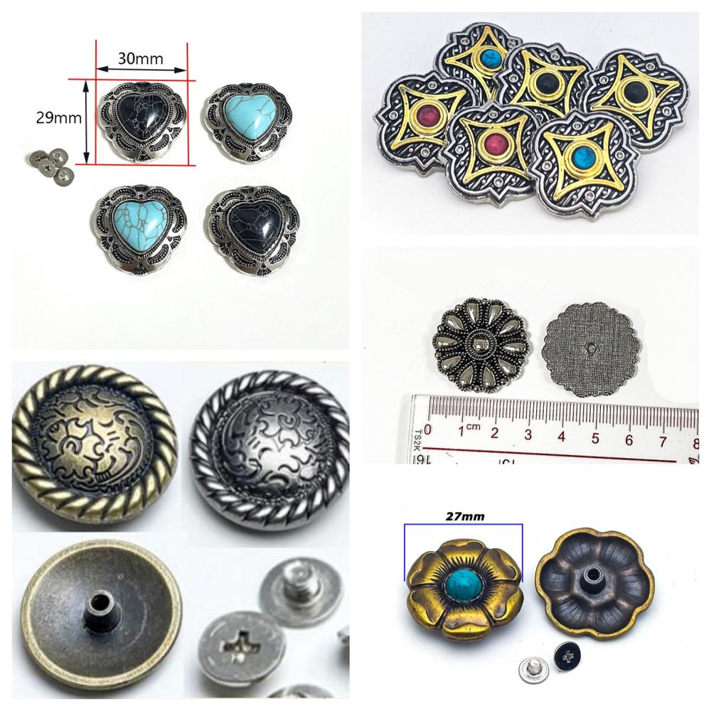 Modern Western Style 3D Round Flower Shaped Screwback Rivet Heart Shaped with Artificial Turquoise Interspersed Rivet for Belt Hat Bags Decoration