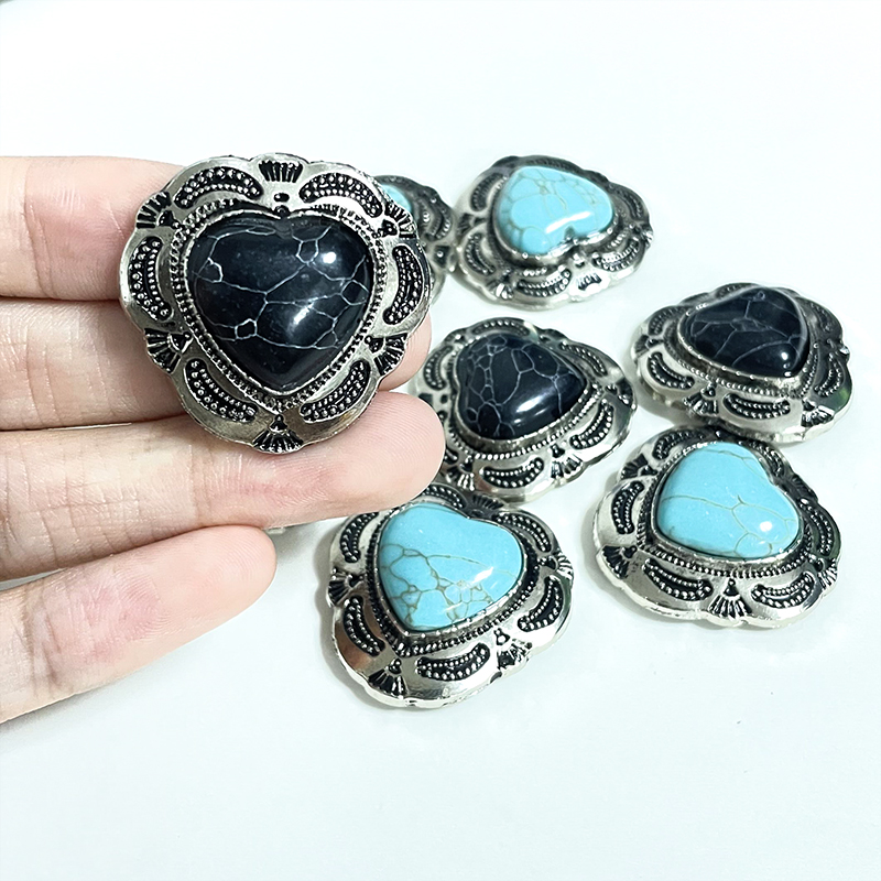 Modern Western Style 3d Round Flower Shaped Screwback Rivet Heart Shaped With Artificial Turquoise Interspersed Rivet For Belt Hat Bags Decoration