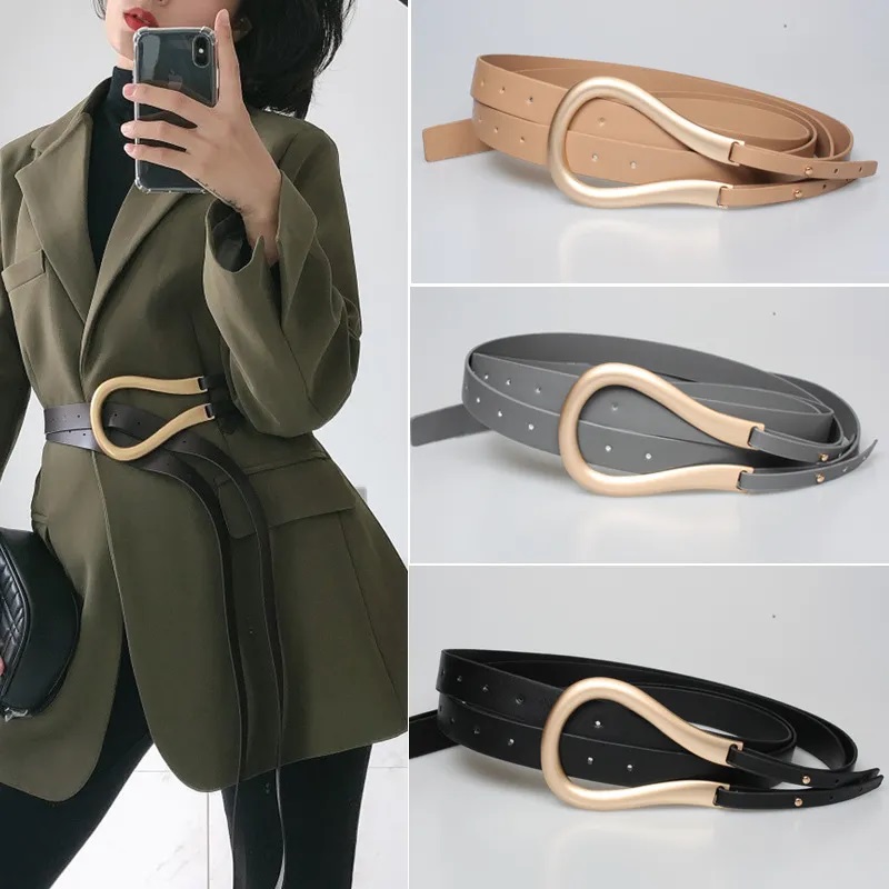 Women's Leather Belt with Large Metal Gold Horseshoe Buckle Double Belt U-shaped Wide Girdle Adjustable Waist Belt for Dresses