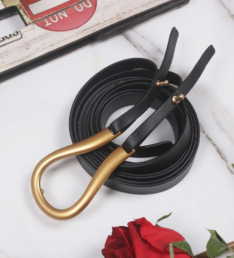 Women's Leather Belt With Large Metal Gold Horseshoe Buckle Double Belt U-shaped Wide Girdle Adjustable Waist Belt For Dresses