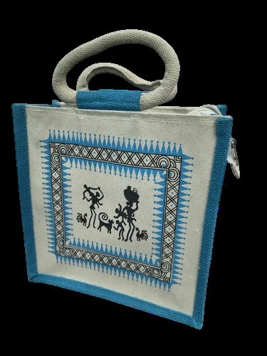 White Blue Printed Jute Bag - Color: Different Available