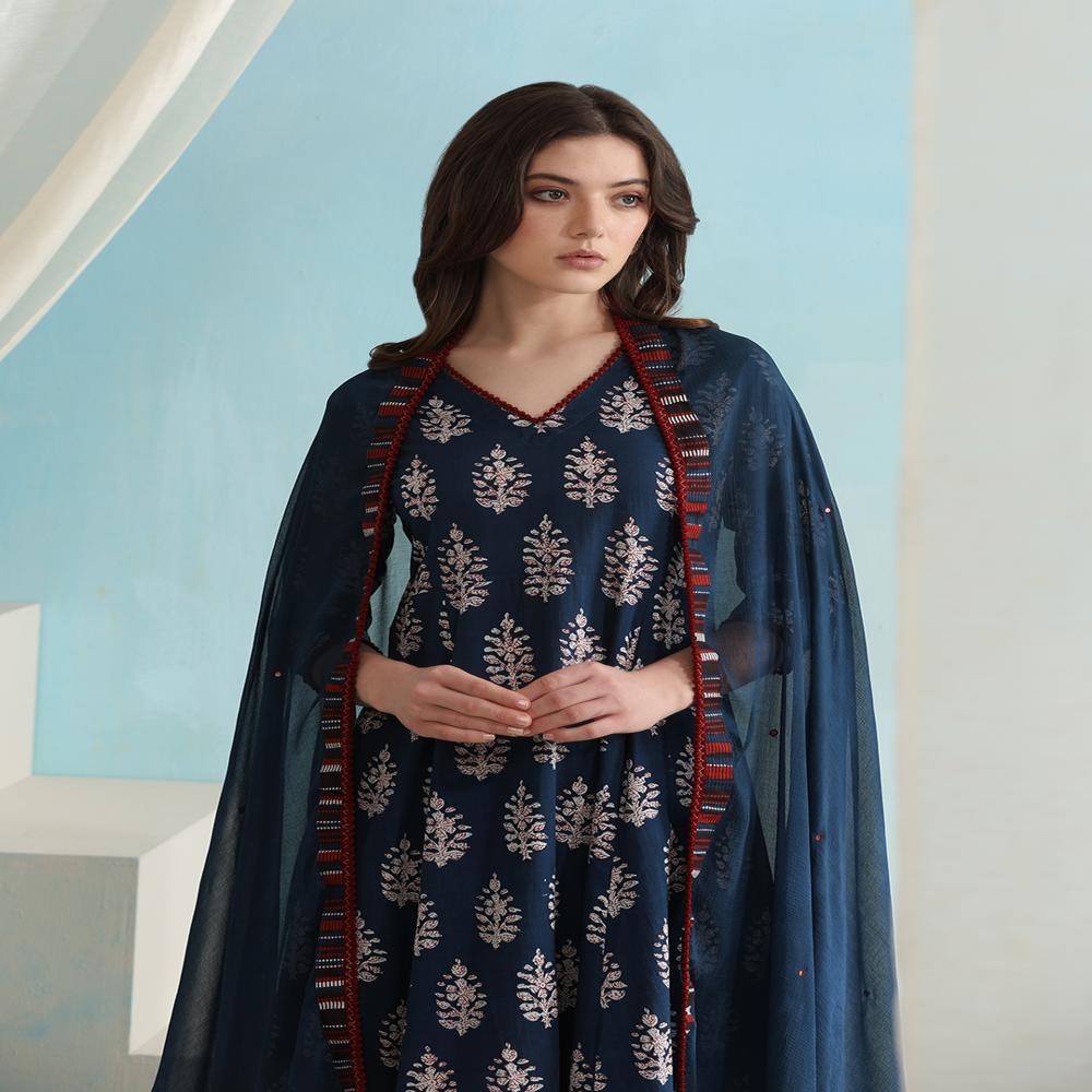Ethnic Motifs Printed V-Neck Pure Cotton A-Line Kurta with Palazzos & Dupatta