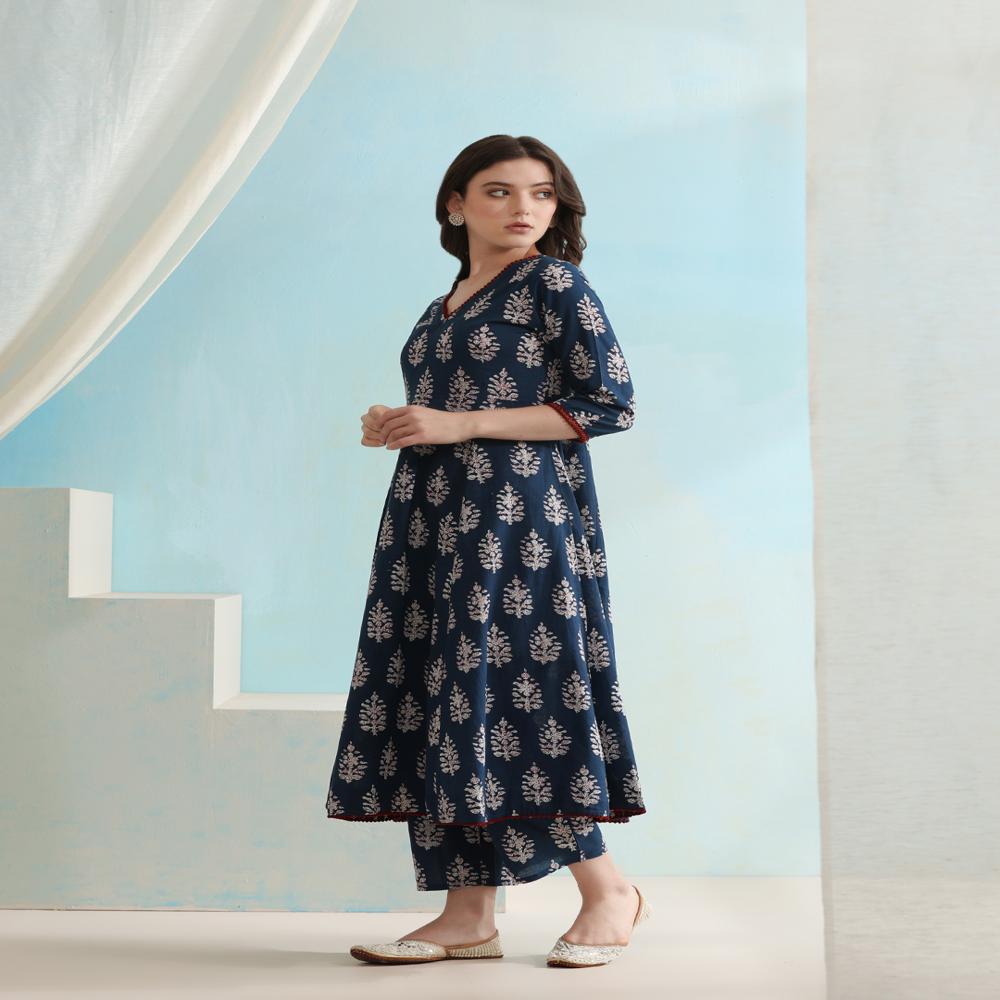 Ethnic Motifs Printed V-Neck Pure Cotton A-Line Kurta with Palazzos & Dupatta