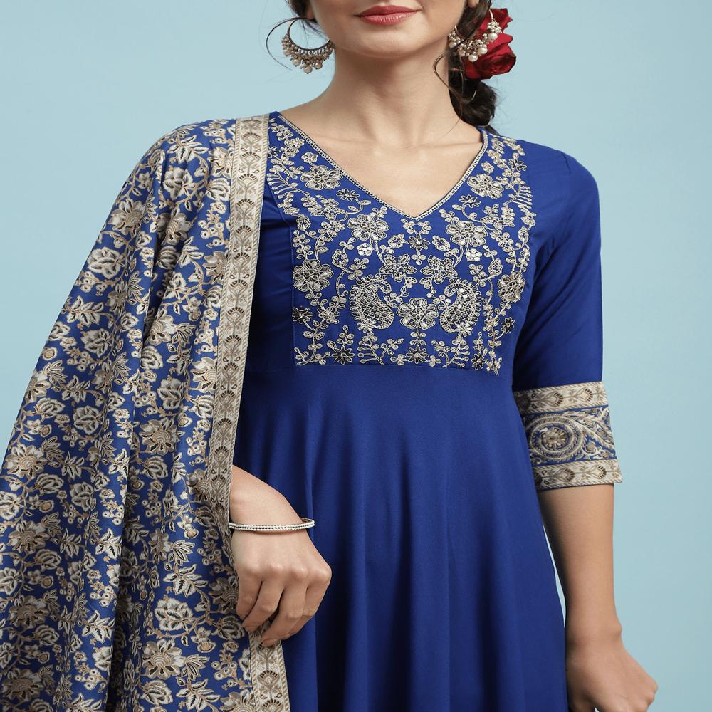 Floral Embroidered Sequinned V-Neck A-Line Blue Kurta With Palazzos & Dupatta
