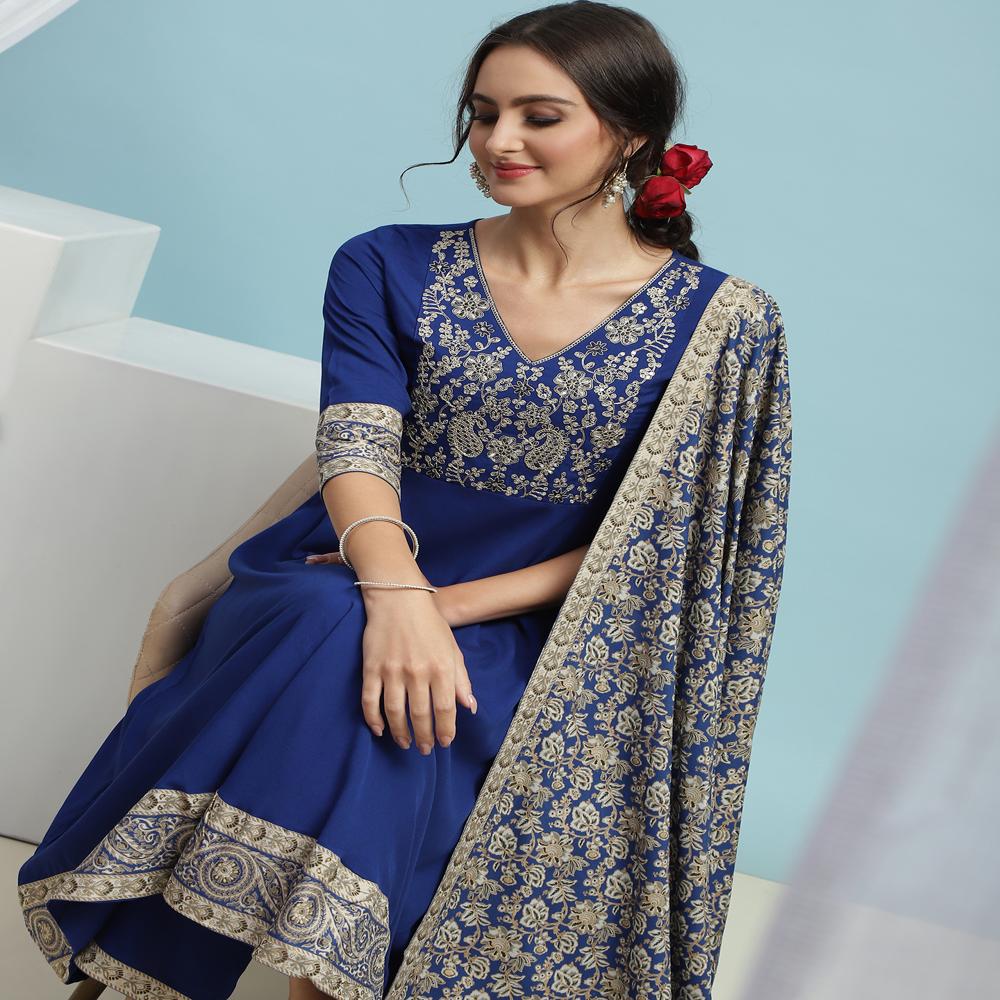 Floral Embroidered Sequinned V-Neck A-Line Blue Kurta With Palazzos & Dupatta