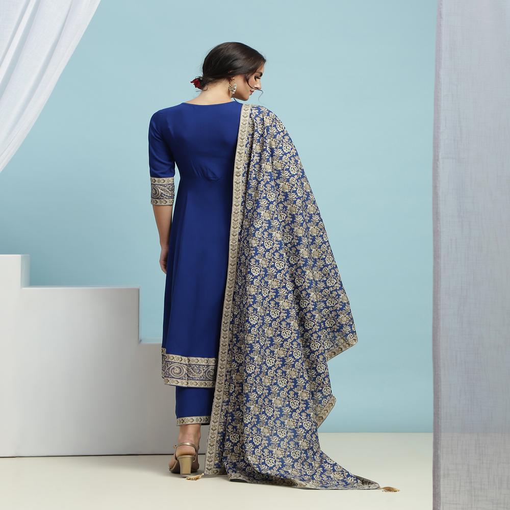 Floral Embroidered Sequinned V-Neck A-Line Blue Kurta With Palazzos & Dupatta