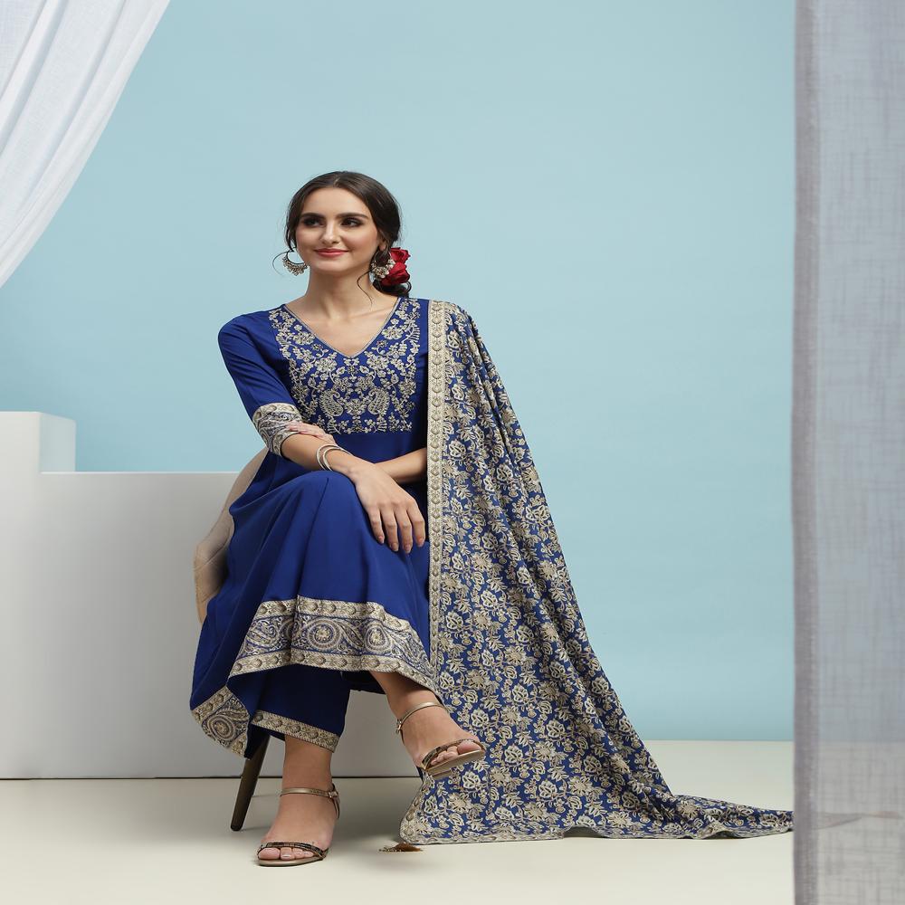 Floral Embroidered Sequinned V-Neck A-Line Blue Kurta With Palazzos & Dupatta