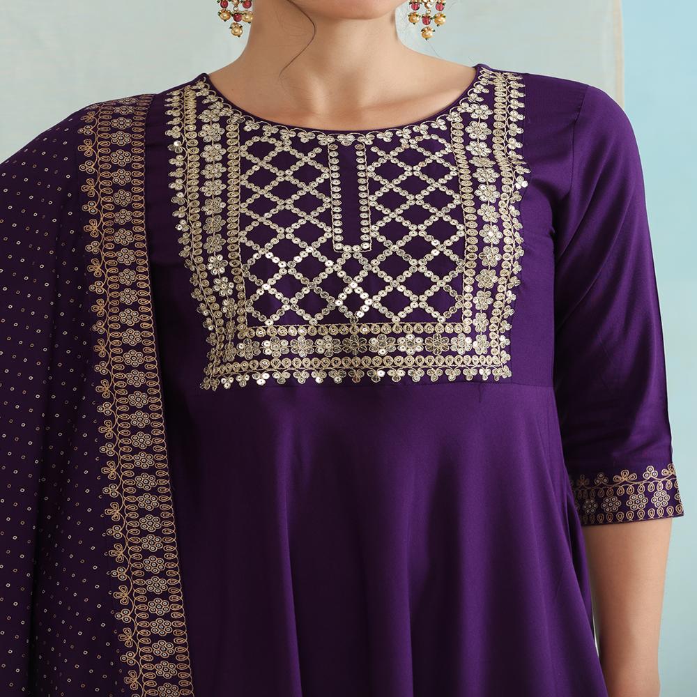Ethnic Motifs Embroidered Sequined Purple Kurta with Palazzos & Dupatta