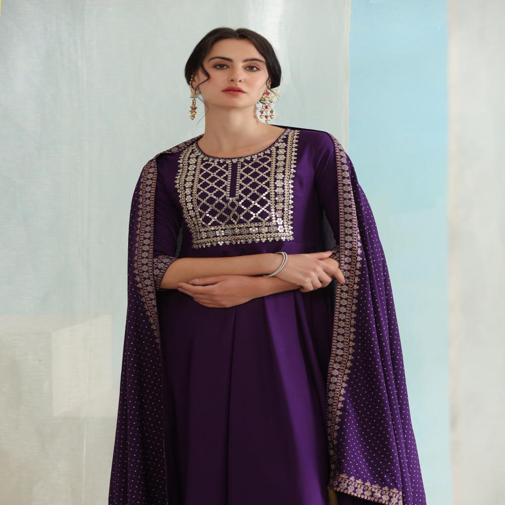 Ethnic Motifs Embroidered Sequined Purple Kurta with Palazzos & Dupatta
