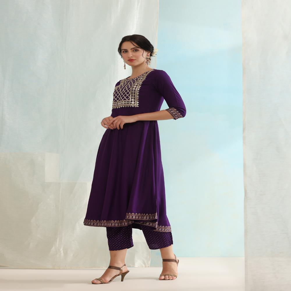 Ethnic Motifs Embroidered Sequined Purple Kurta with Palazzos & Dupatta