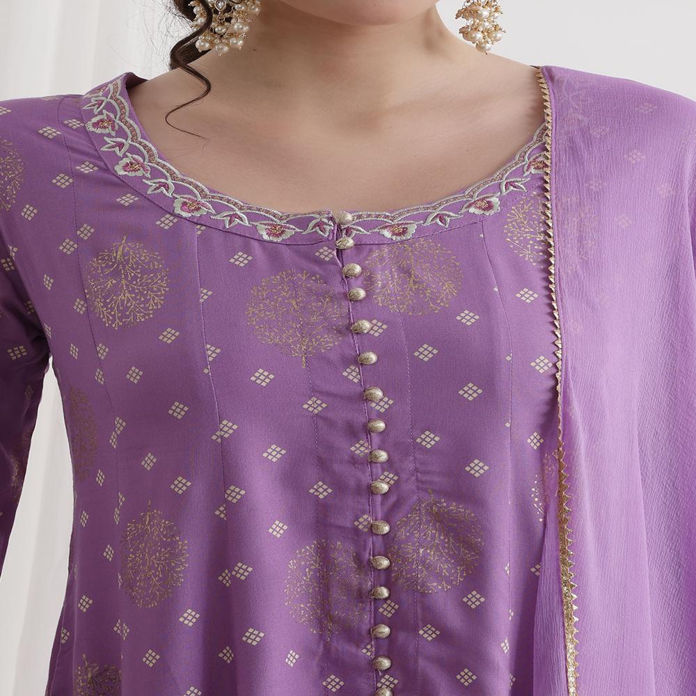 Floral Printed Round Neck Thread Work A-line Purple Kurta With Trousers & Dupatta - Color: Multicolor