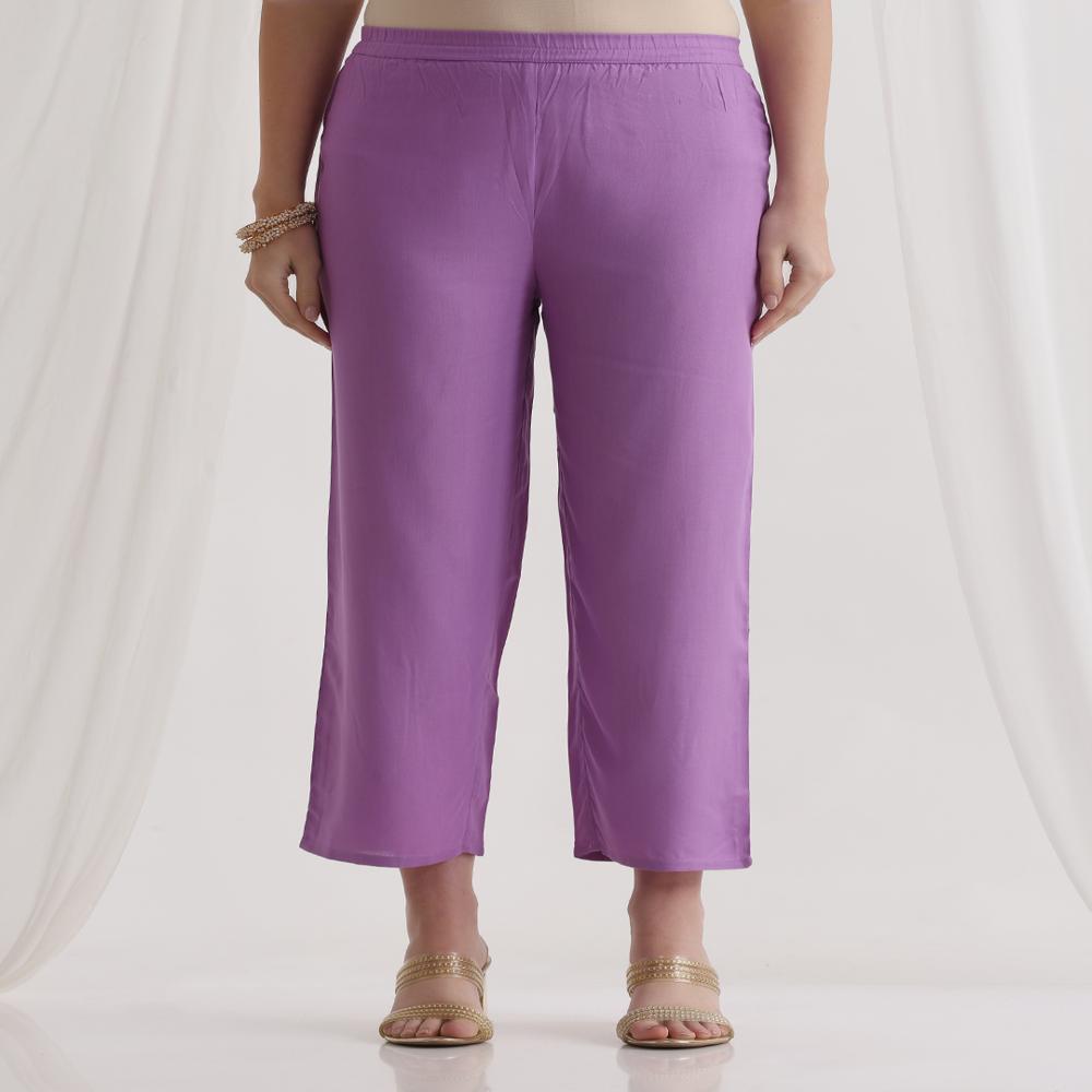 Floral Printed Round Neck Thread Work A-line Purple Kurta With Trousers & Dupatta - Color: Multicolor