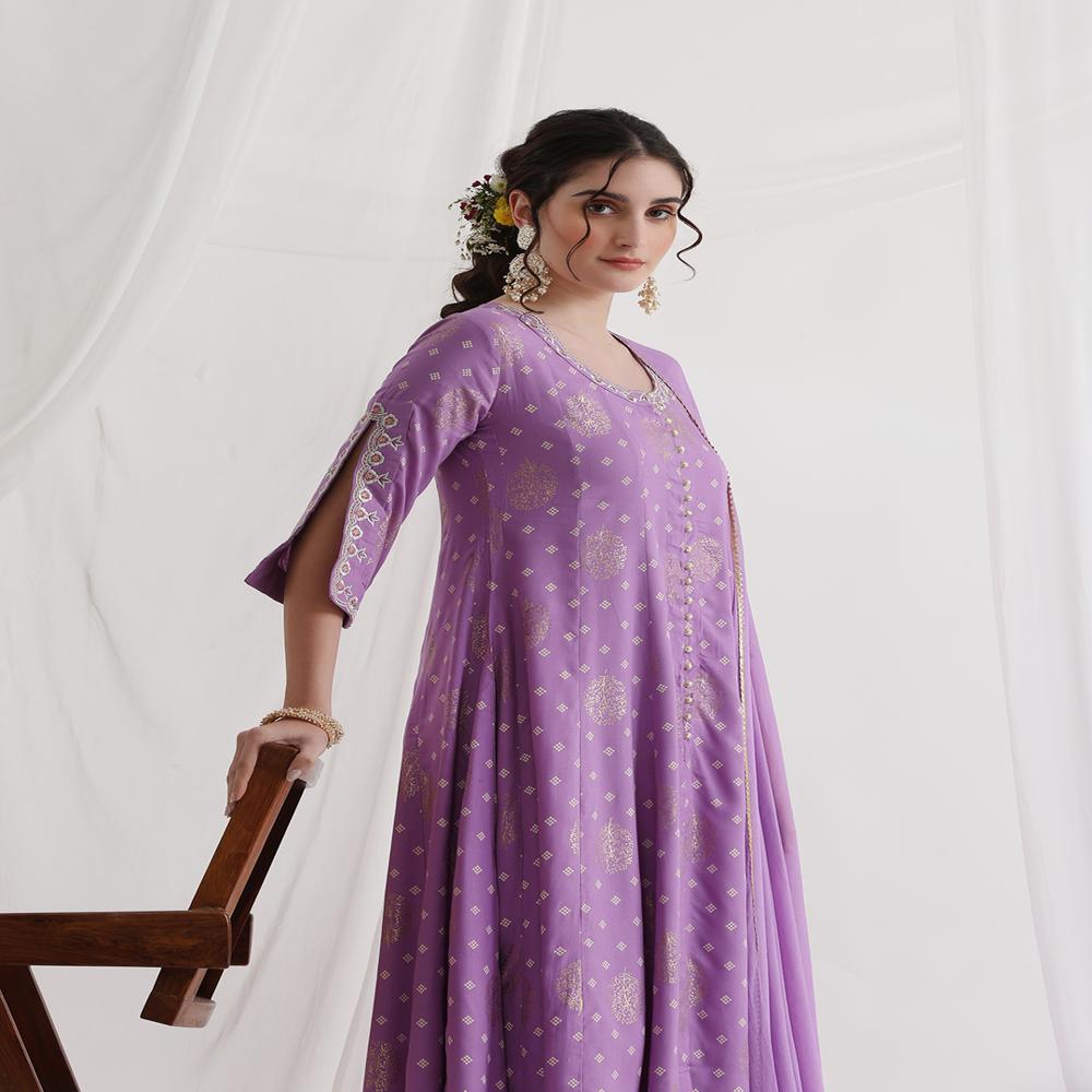 Floral Printed Round Neck Thread Work A-line Purple Kurta With Trousers & Dupatta - Color: Multicolor