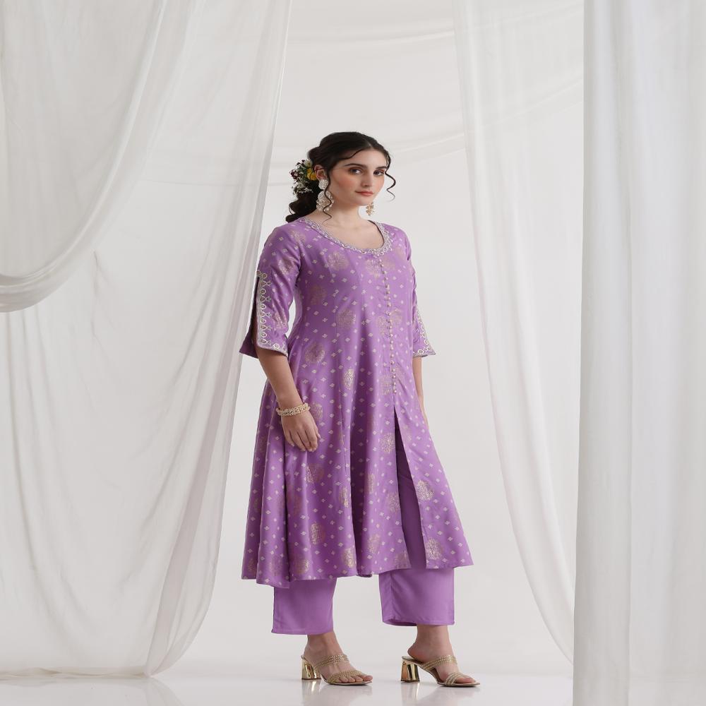 Floral Printed Round Neck Thread Work A-Line Purple Kurta With Trousers & Dupatta