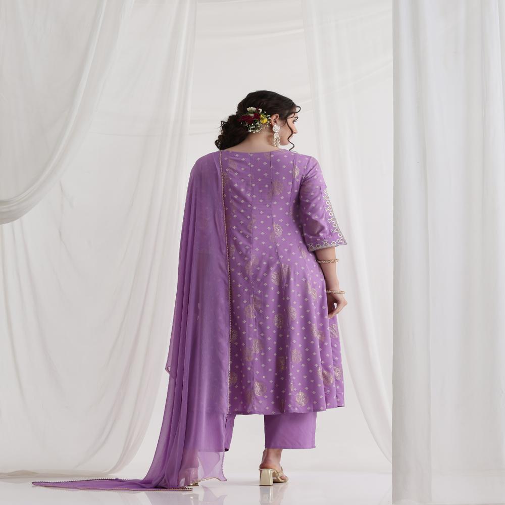 Floral Printed Round Neck Thread Work A-Line Purple Kurta With Trousers & Dupatta