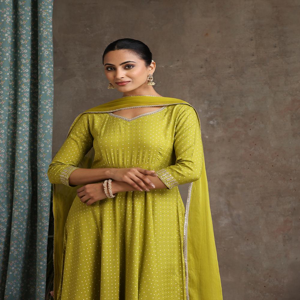 Floral Printed Sweet Heart Neck Anarkali Kurta With Palazzos & With Dupatta - Color: Multicolor