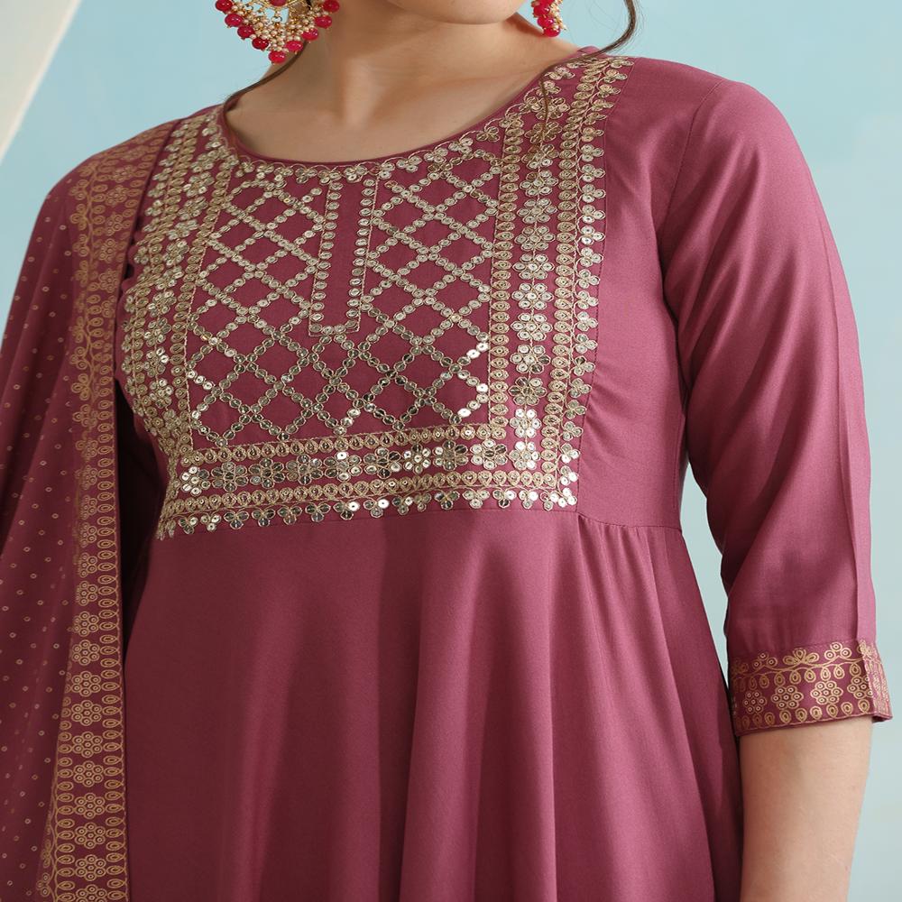 Embroidered Regular Sequinned Pink Kurta with Palazzos & Dupatta