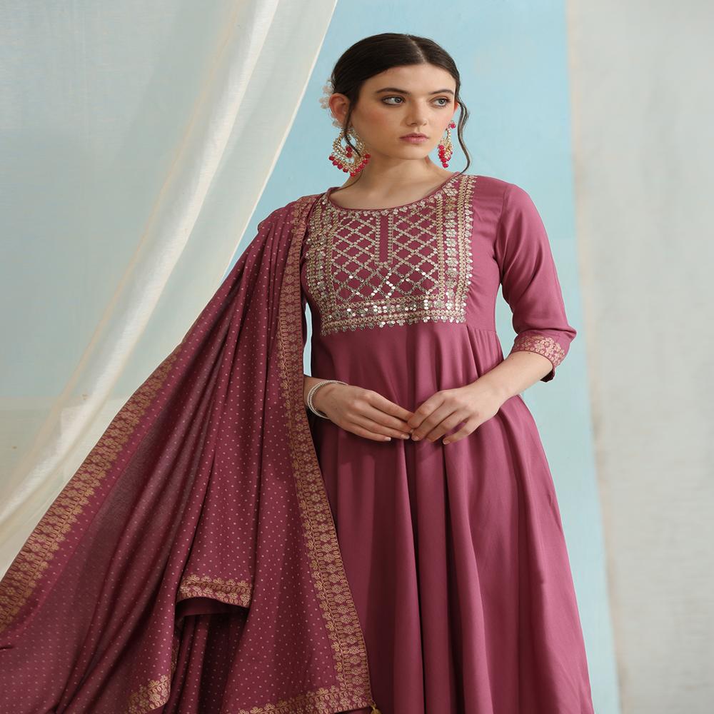 Embroidered Regular Sequinned Pink Kurta With Palazzos & Dupatta - Neck Style: Round Neck