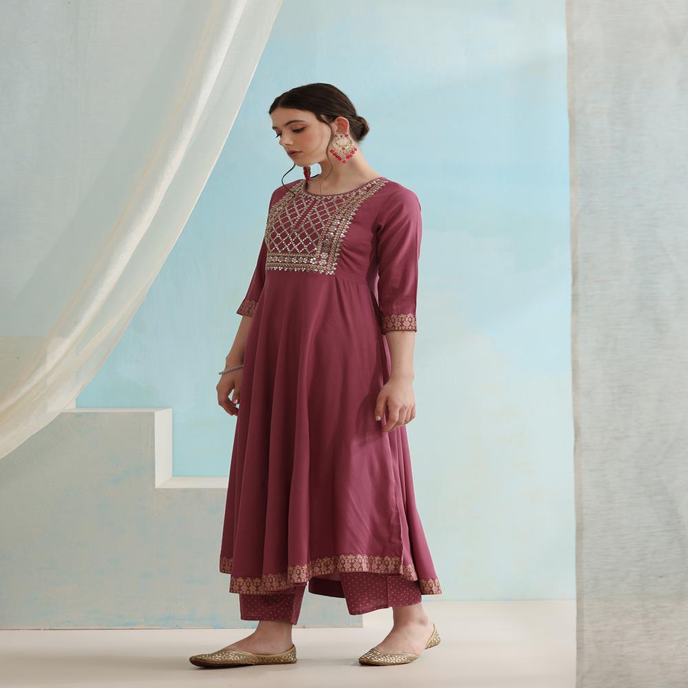 Embroidered Regular Sequinned Pink Kurta With Palazzos & Dupatta - Neck Style: Round Neck