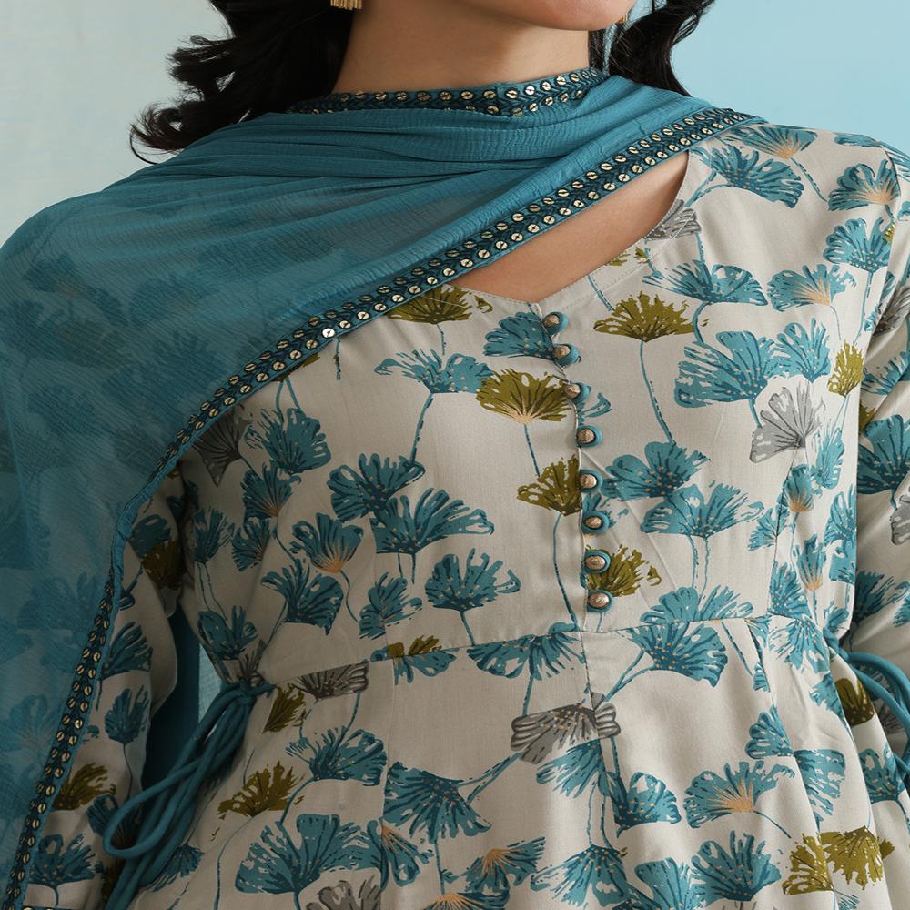 Floral Printed V-Neck Three-Quarter Sleeves Blue Kurta with Trousers & With Dupatta