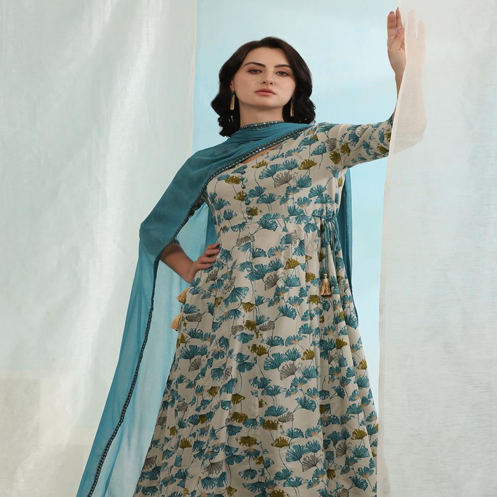 Floral Printed V-Neck Three-Quarter Sleeves Blue Kurta with Trousers & With Dupatta