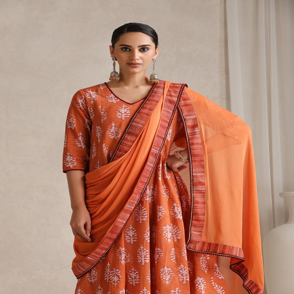 Ethnic Motifs Printed V-Neck Pure Cotton A-Line Pink Kurta with Palazzos & Dupatta