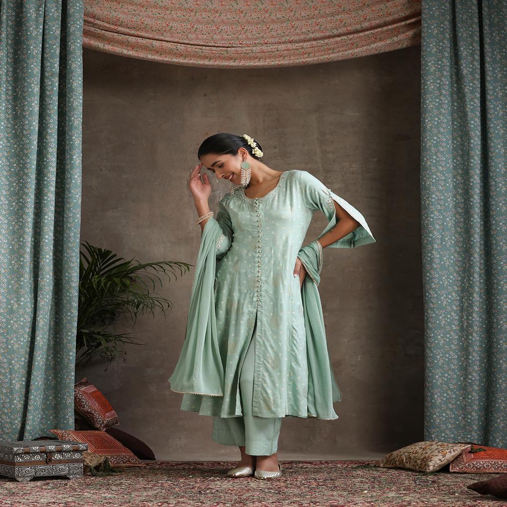 Floral Printed Round Neck Thread Work A-Line Green Kurta With Trousers & Dupatta