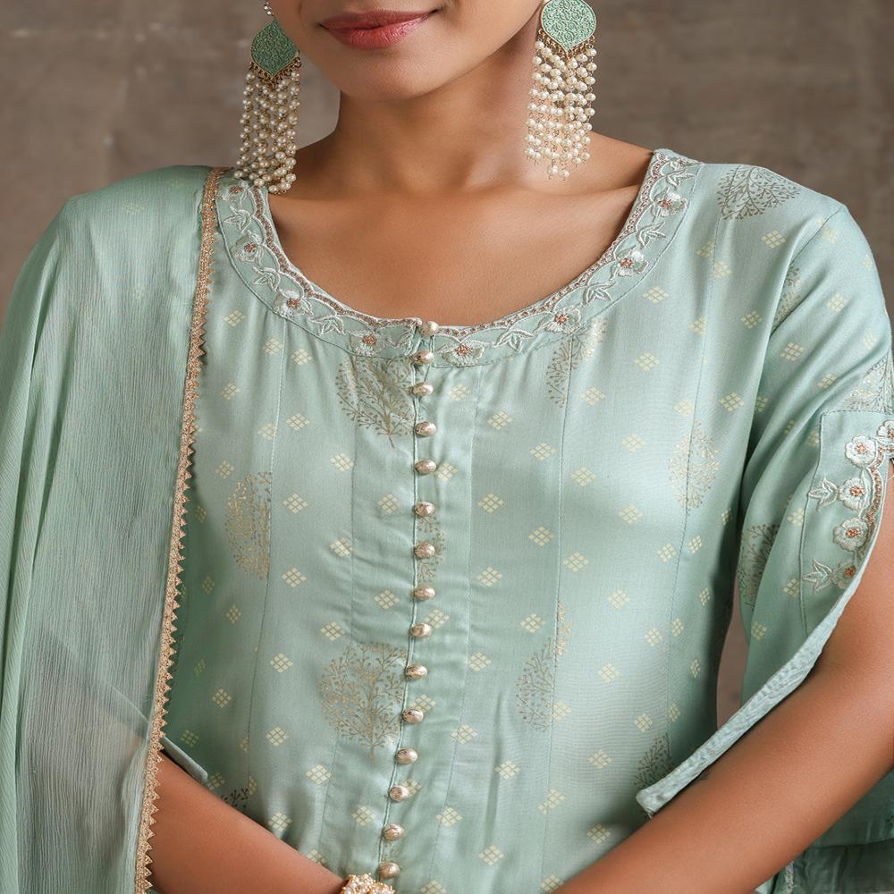 Floral Printed Round Neck Thread Work A-Line Green Kurta With Trousers & Dupatta