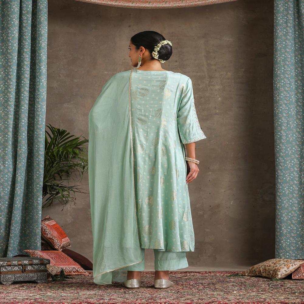 Floral Printed Round Neck Thread Work A-Line Green Kurta With Trousers & Dupatta