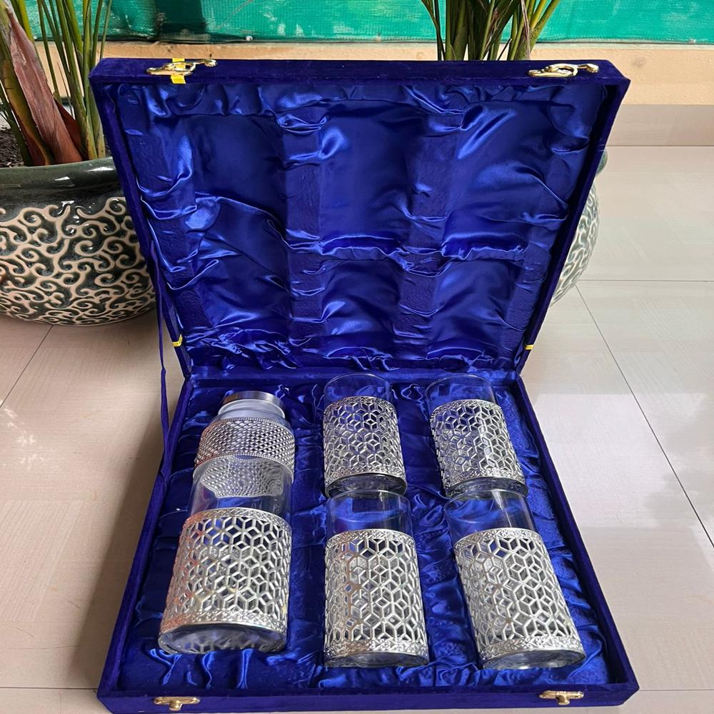 German Silver Beautycraft Glass Bottle Set With 4 Glasses In Jumbo Gift Box - Features: Good Quality