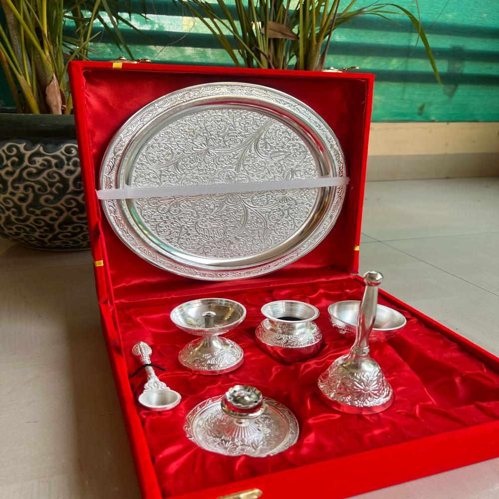 Silvery shiny pooja thali set with toppers in velvet gift box*